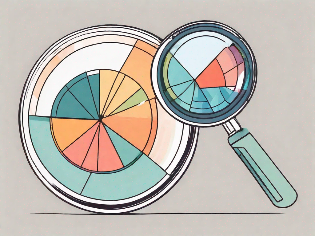 A magnifying glass focusing on a pie chart with various colored sections